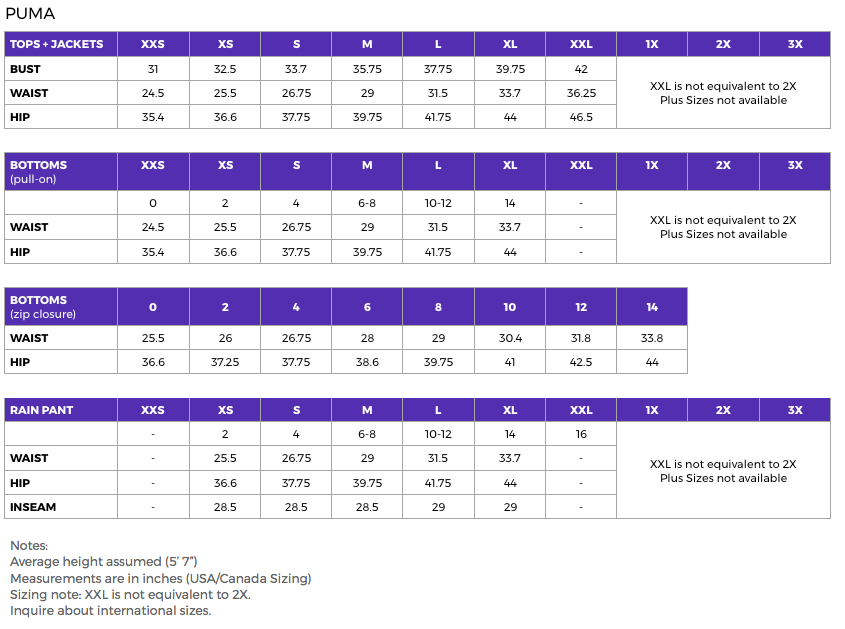 puma golf size chart